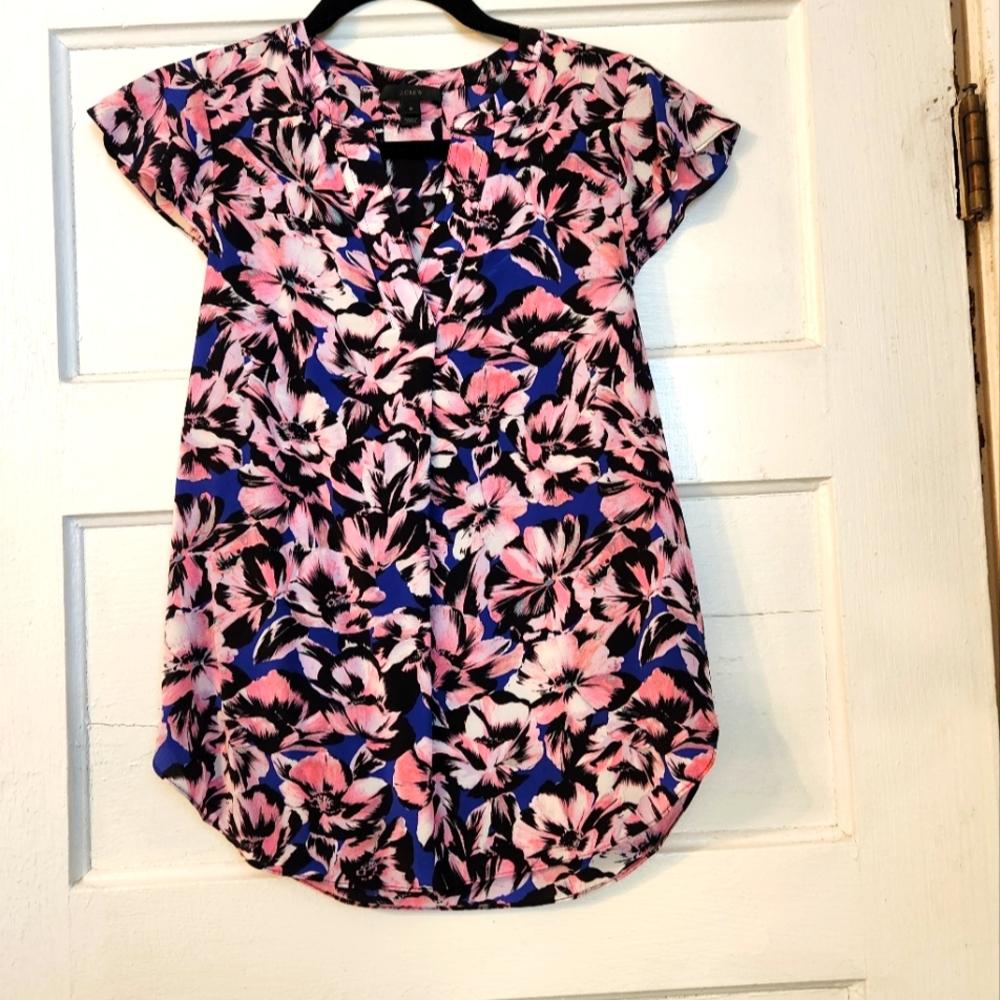 J. Crew Women's Blouse, 100% Silk, Pink & Blue Floral Cap Sleeve V-neck Sz 0 EUC